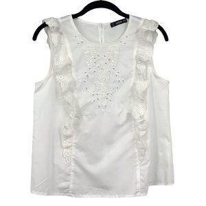 Shein White Floral Eyelet Ruffle Sleeveless Cotton Blouse XS